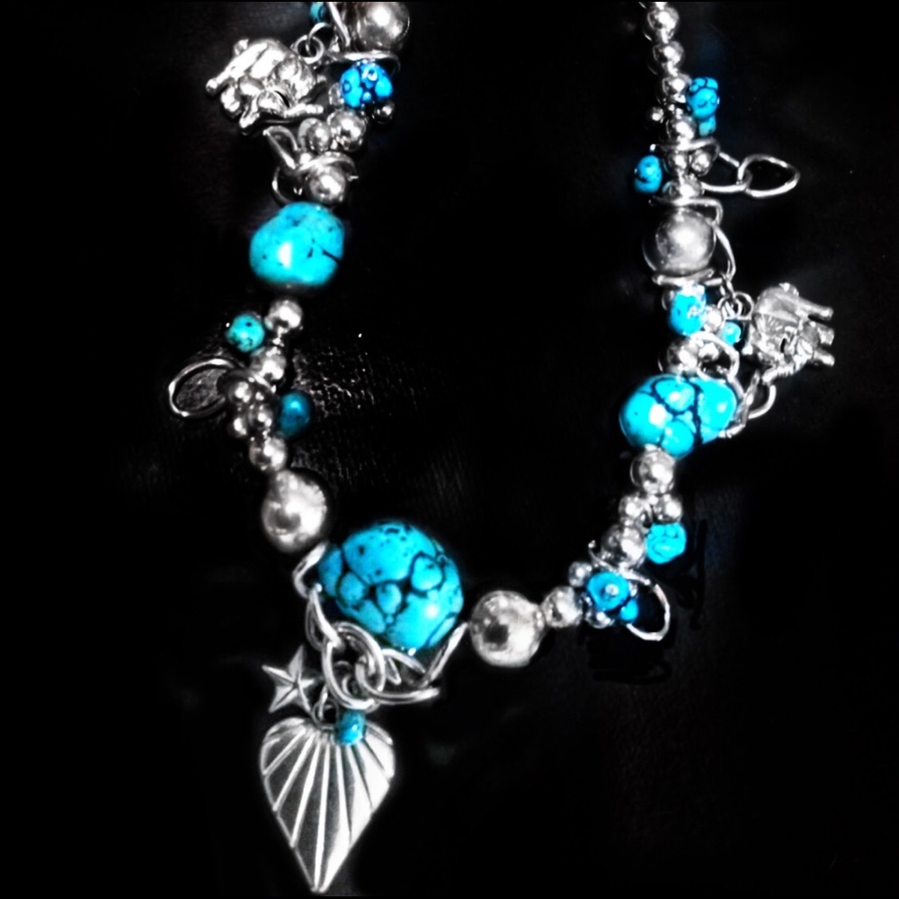 Boho Silver & Turquoise Charm Choker/Necklace 14" - Picture 1 of 2